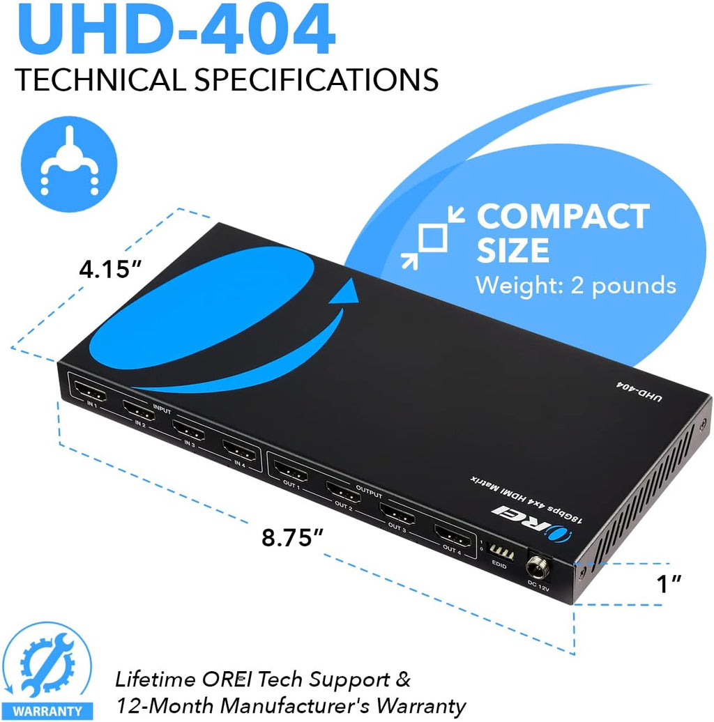 OREI 4x4 HDMI 4K Matrix Switch/Splitter, (4-Input, 4-Output) with Remote Control Supports UltraHD 4K@60Hz 4:4:4, HDR, YUV, HDMI 2.0, HDCP 2.2, 3D, 1080p, 18 GBPS - Downscaler (4K & 1080p Together)
