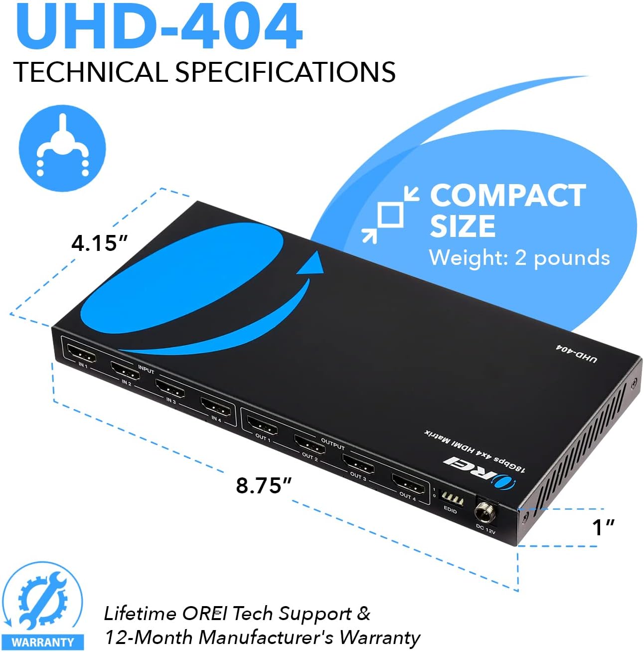 OREI 4x4 HDMI 4K Matrix Switch/Splitter, (4-Input, 4-Output) with Remote Control Supports UltraHD 4K@60Hz 4:4:4, HDR, YUV, HDMI 2.0, HDCP 2.2, 3D, 1080p, 18 GBPS - Downscaler (4K & 1080p Together)