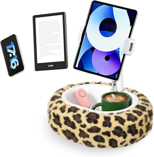 Kindle Pillow Stand with Leopard Print – Soft Tablet Holder with Snack Bowl & Cup Holder, Fuzzy Hands-Free Stand for Bed, Couch, Compatible with Kindle, iPad, Phones (Leopard)