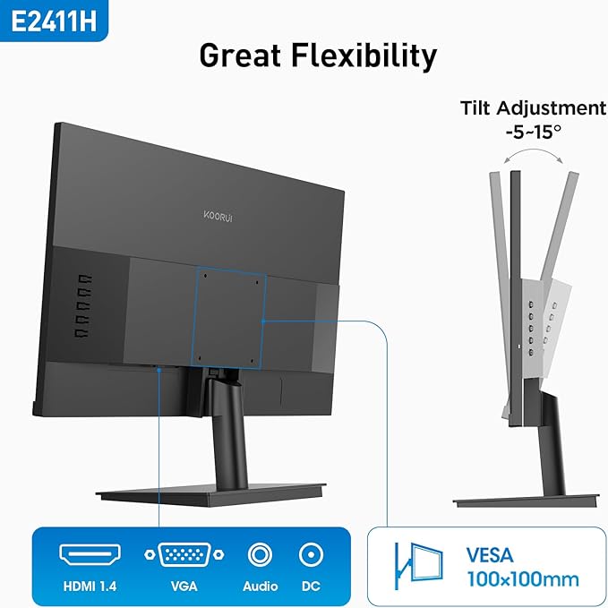 KOORUI 24 inch Monitor 120Hz, Full HD 1920 * 1080p IPS Ultra-Thin Computer Monitor, 99% SRGB Color Gamut, VESA 100 * 100mm Mountable,Tilt Adjustable,HDMI & VGA Ports,Black, E2411H