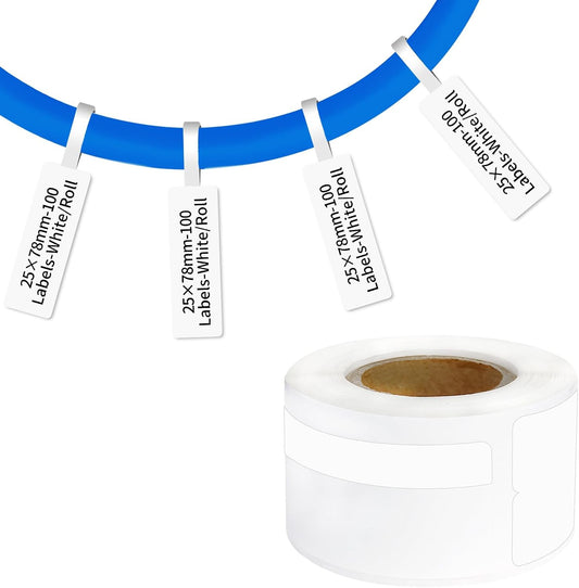 100 Pcs Cable Labels - Waterproof Wire Cord Labels, Tear Resistant Wire Label, Self Adhesive Cord Organizing Label, for Cable Management, Compatible with PUQU AQ20 Label Makers(White) 25x78mm