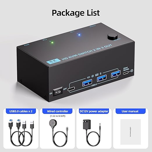 KVM Switch 3 Monitors 2 Computers 8K@60Hz/4K@120Hz, HDMI KVM Switches for 2 PC Sharing Triple Monitor and Keyboard Mouse with Power Adapter, Wired Extend Controller and USB3.0 Cables