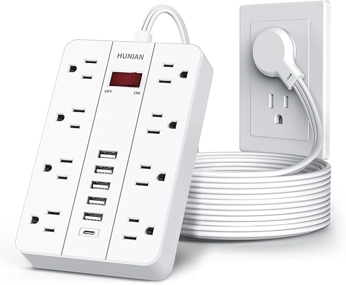 10 Ft Long Extension Cord,Power Strip Surge Protector HUNIAN Flat Plug with 8 Widely Spaced Outlets 6 USB(1 USB C Port), Wall Mount Charging Station for Home and Office,White