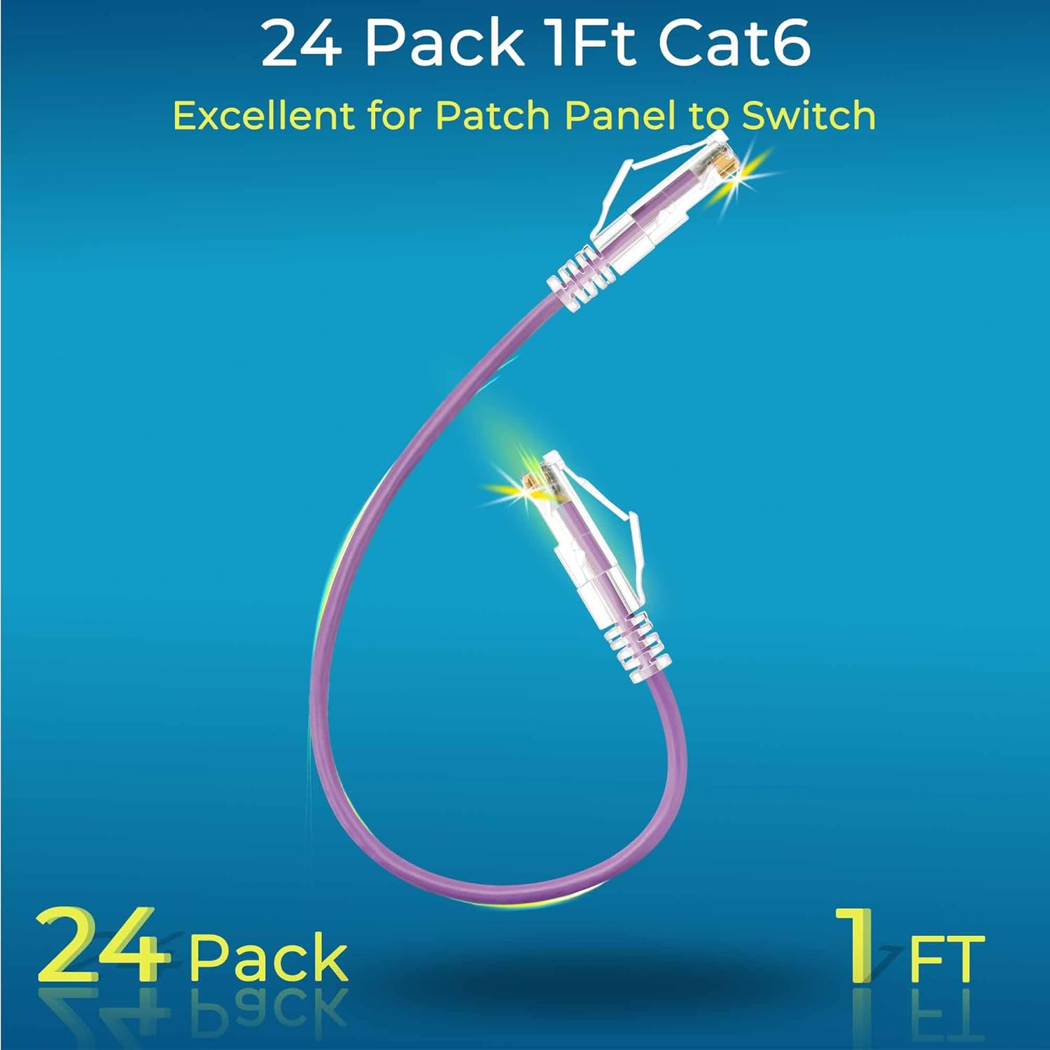 Rapink Patch Cables Cat6/ Cat6a 1ft (24 Pack) Slim, Cat6a Ethernet Patch Cable 10G Support, Snagless Cat 6 Patch Cable for Patch Panel to Switch, Flexiable Cat6 Ethernet Cable Purple