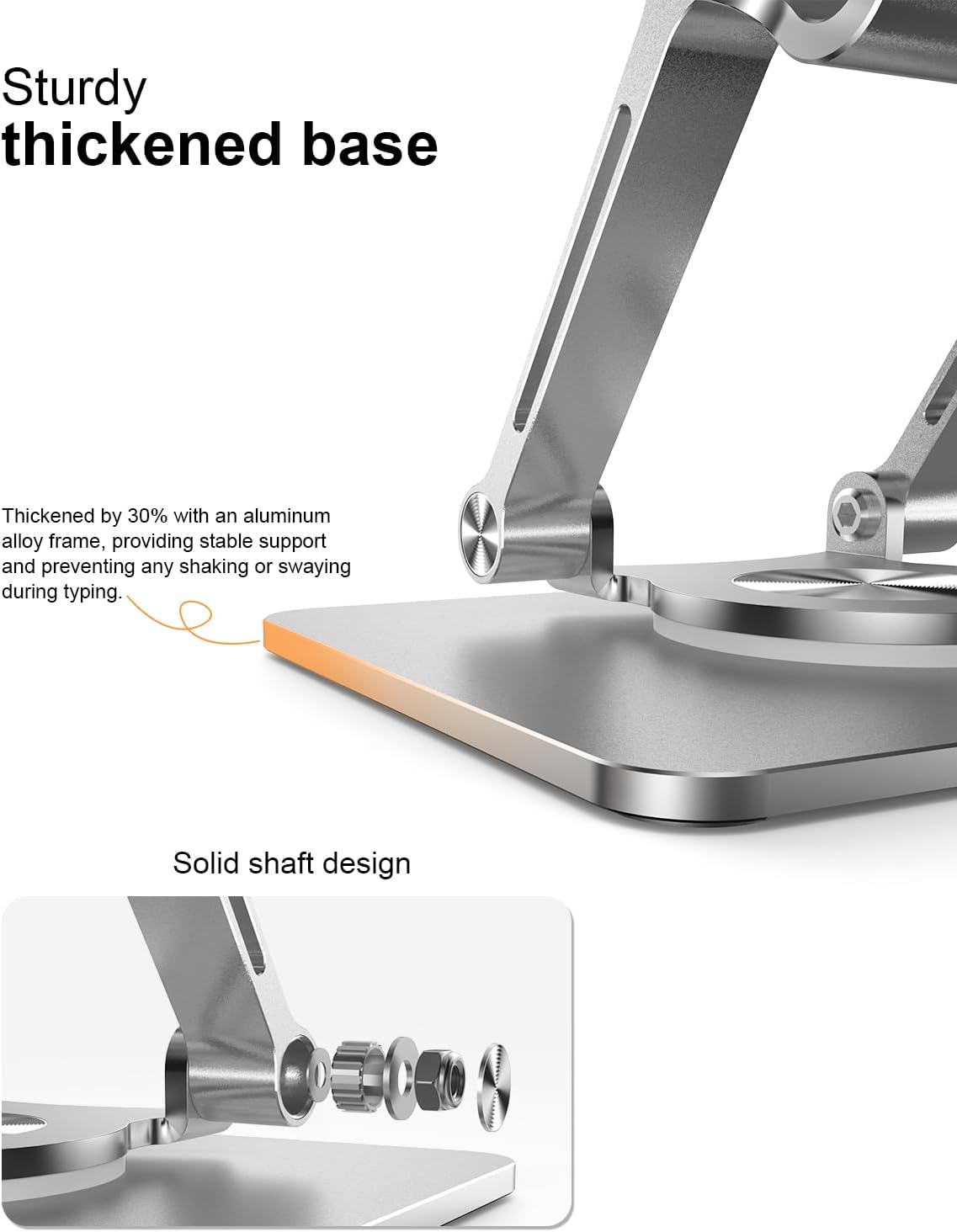 Tablet Stand Holder with Thickened 360°Rotating Base Dual Rod Adjustable Aluminum Stand for All 5.8-12.9” iPad Samsung Phone Tablet Kindle E-Reader and More, Silver