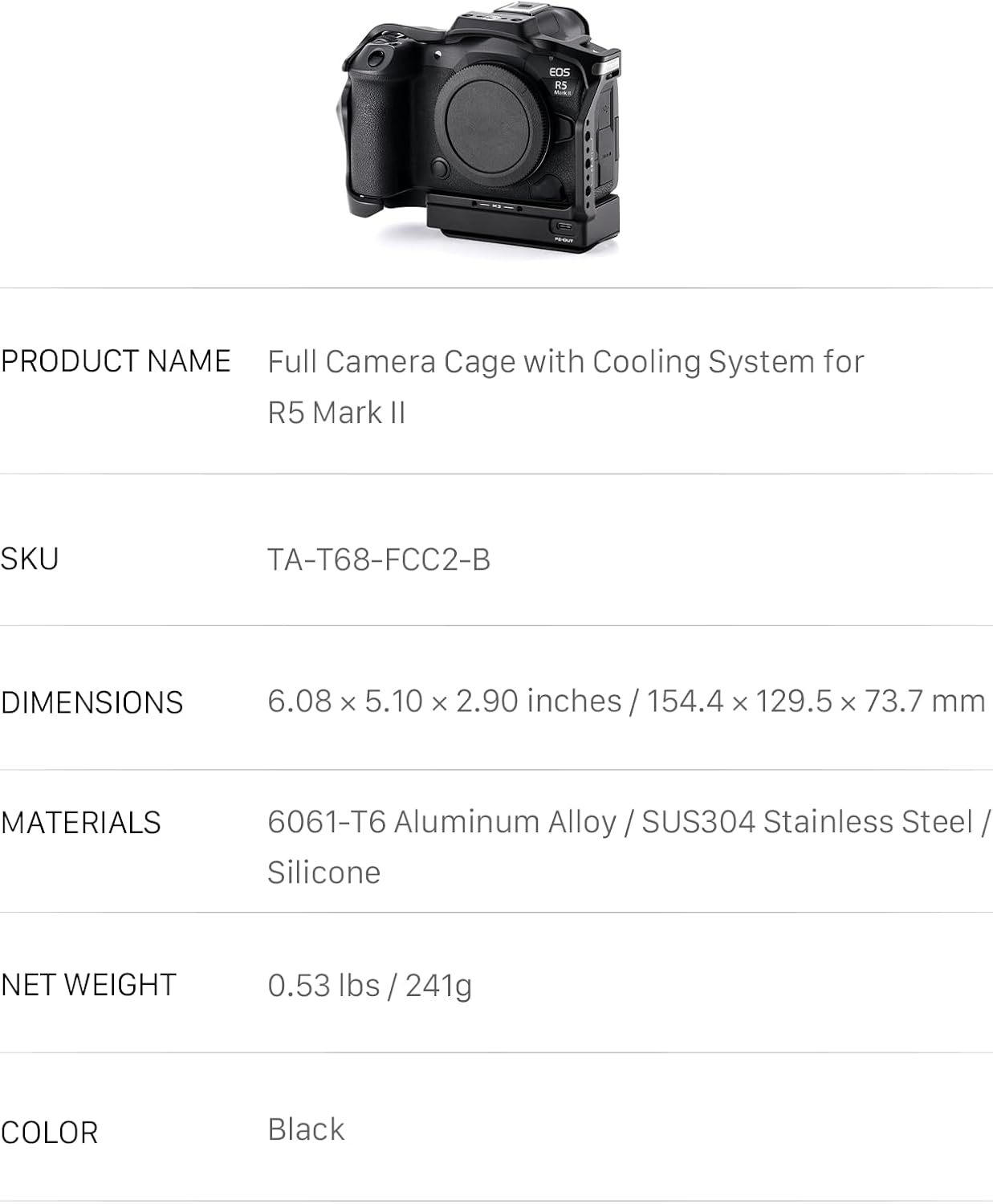 Tilta Full Camera Cage with Cooling System Compatible with Canon R5 Mark II - Black