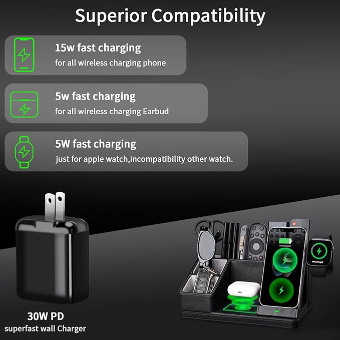 Black Leather Desk Organizer With Charging Station,Office Supplies Desk Accessories,Pen Holder for Desk,Remote Control Holder,Desk Organizer With Phone Charger,Nightstand Desktop Organizer