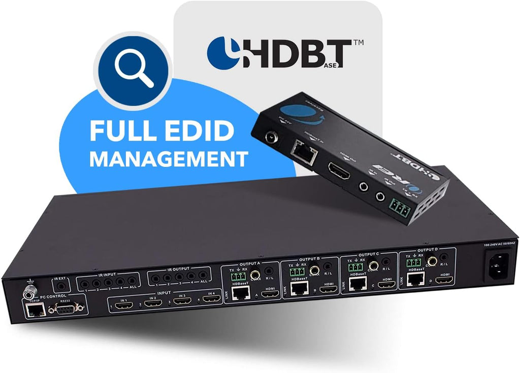 OREI Professional 4K 4x4 HDMI Extender Matrix - HDBaseT UltraHD 4K @ 60Hz 4:2:0 Over Single CAT5e/6/7 Cable with HDR Switcher & IR Control, RS-232 - Up to 230 Ft - Loop Out - 4 Receivers Included