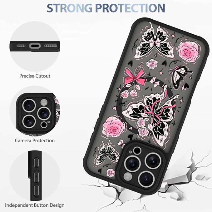 AIGOMARA Case for iPhone 16 Pro Max [Compatible with MagSafe] Cute Butterfly Pink Flower Floral Pattern Soft TPU Bumper Hard PC Back Anti-Fall Shockproof Protective Slim Magnetic Cover for Women Girls