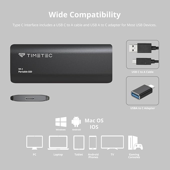 Timetec 512GB Portable External SSD USB3.2 Gen2 Type C Up to 550MB/s Ultra-Light Aluminum Mini External Solid State Drive with USB C to A Cable/USB A to C adapter for Desktops/Laptop/Mac/Mobile- Black