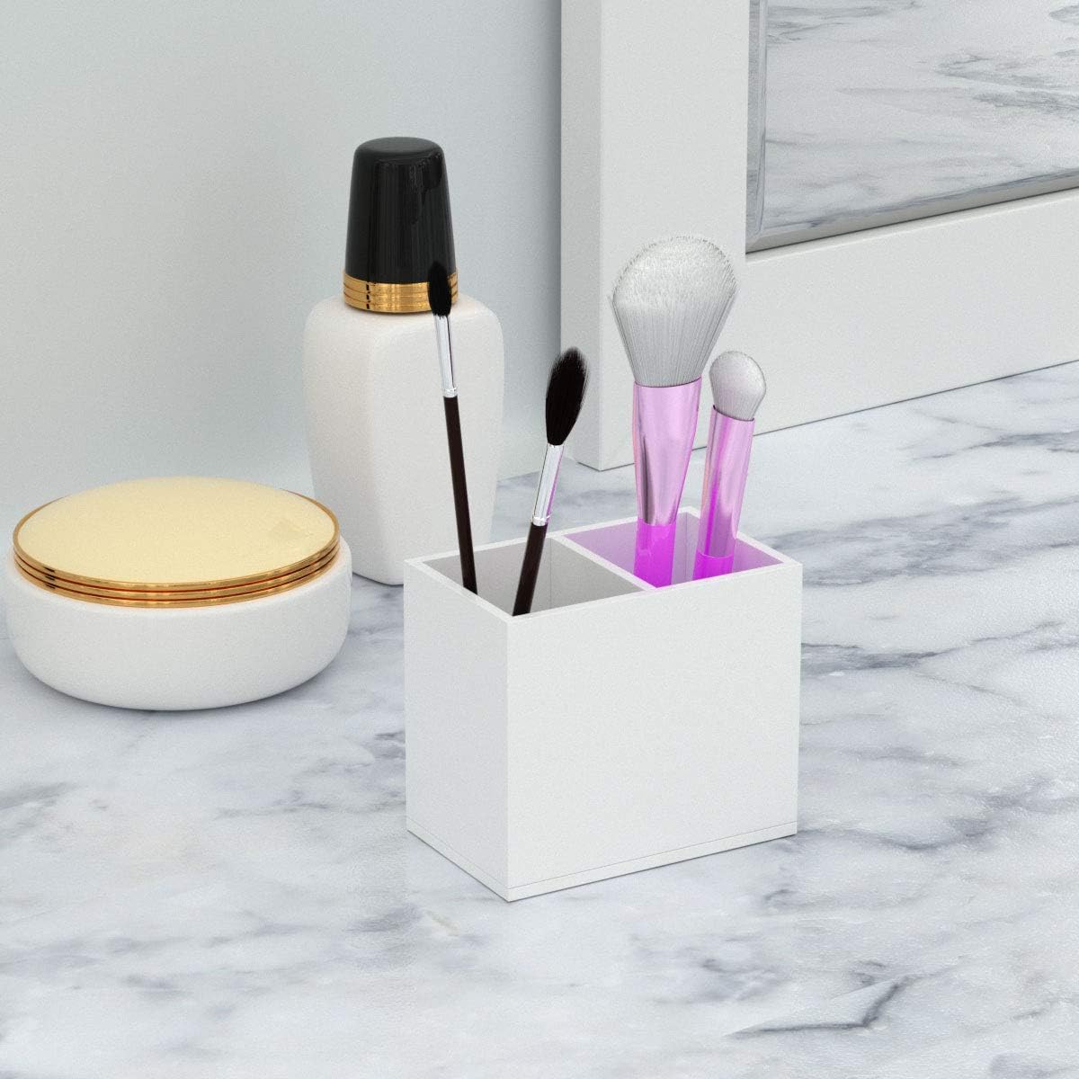 NIUBEE Acrylic Pen Holder 2 Compartments, White Pencil Organizer Cup for Countertop Desk Accessory Storage