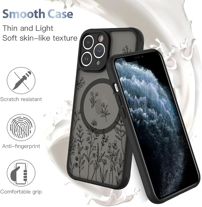 AIGOMARA Magnetic Case for iPhone 11 Pro Max [Compatible with MagSafe] Cute Black Flower Floral for Women Girls Soft TPU Bumper Hard PC Back Anti-Fall Shockproof Protective Slim Cover