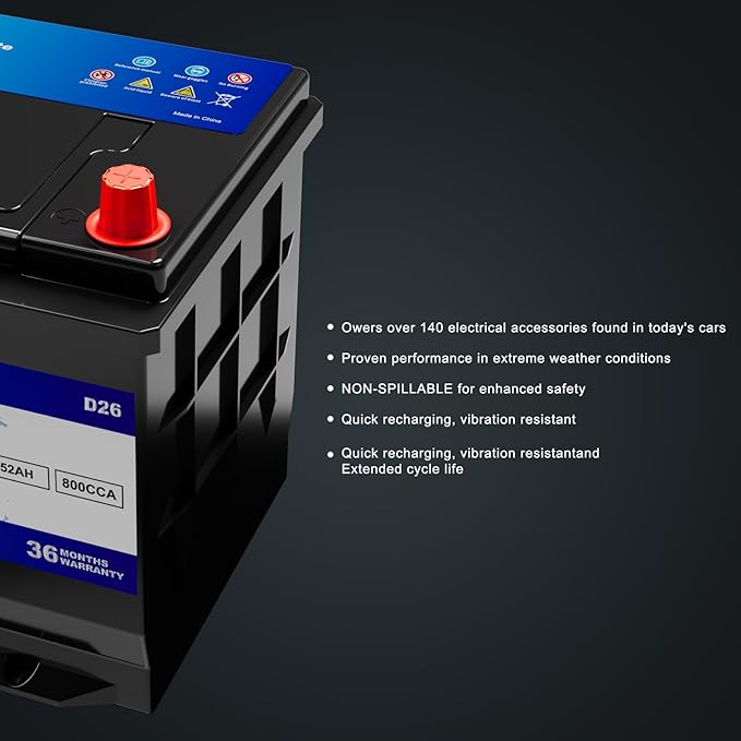 XINGCELL Kim Kirin12.8V 52Ah LiFePO4 Car Battery Group 24/D26 – Lithium Iron Phosphate Deep Cycle Battery with 800CCA High Cranking Power for Start-Stop Cars RV Marine Solar
