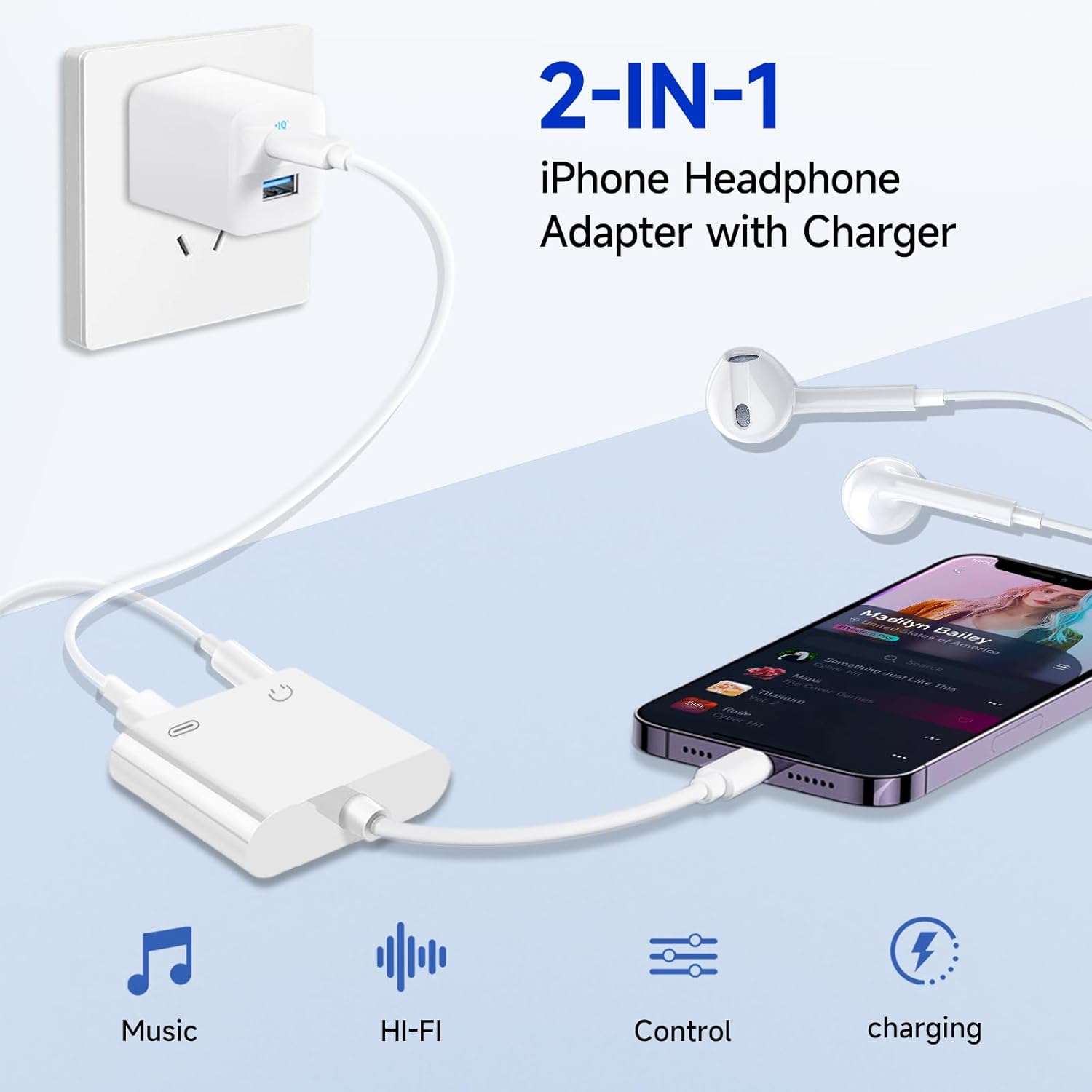 [Apple MFi Certified] 2-in-1 Charging & Audio Adapter for iPhone, Lightning to 3.5mm Headphone Jack Dongle Splitter, Supports Hi-Res Lossless Sound, Compatible with iPhone 14/13/12/11/XS/XR/8/7 10Pack