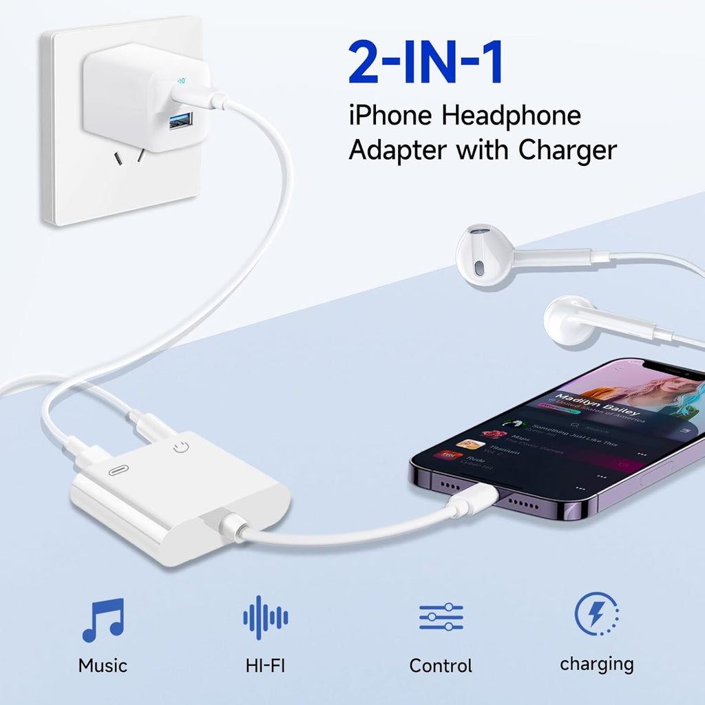[Apple MFi Certified] 2-in-1 Charging & Audio Adapter for iPhone, Lightning to 3.5mm Headphone Jack Dongle Splitter, Supports Hi-Res Lossless Sound, Compatible with iPhone 14/13/12/11/XS/XR/8/7 5Pack