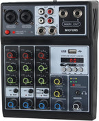 Mini audio audio mixers DJ mixer Sound Board Console System,4 Channel 48V Phantom Power with Bluetooth USB MP3 Stereo live DJ Studio Streaming for professional recording party KTV stage