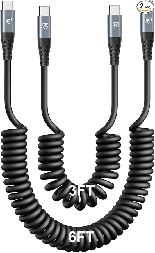 KIYODA 3FT & 6FT USB C to USB C Cable 2Pack - Coiled Type C Fast Charging Cable for Car, Compatible with iPhone 16/15/Plus/Pro/Pro Max/MacBook Pro 2020/Samsung Galaxy S23