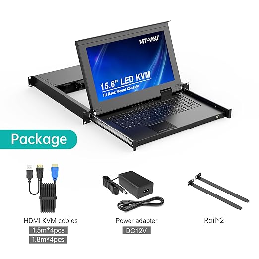 MT-VIKI 8 Port KVM Console HDMI, 1U Rack Mount KVM Console w/15.6'' LCD Monitor, 1080P Short Depth Integrated Touchpad+Keyboard+Drawer+8 Cables, Support OSD/Hotkey