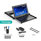 MT-VIKI 8 Port KVM Console HDMI, 1U Rack Mount KVM Console w/15.6'' LCD Monitor, 1080P Short Depth Integrated Touchpad+Keyboard+Drawer+8 Cables, Support OSD/Hotkey