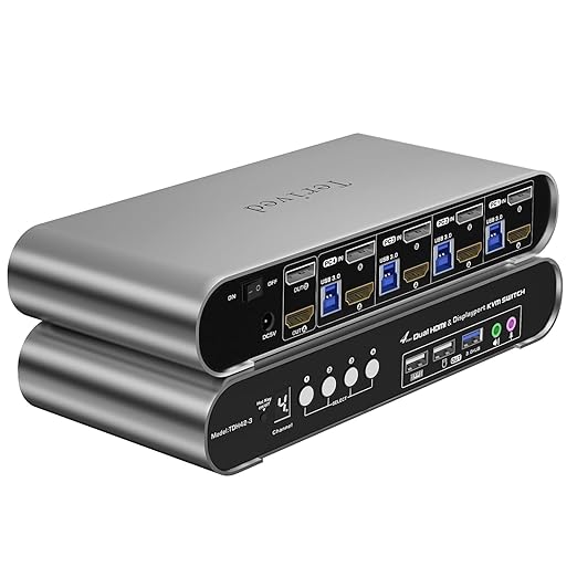 4 Computers 2 Monitors Automatic KVM Switch, HDMI 4k@60Hz + DP 8K 30Hz 4K@144Hz, Aluminum Alloy Shell, Digital Display, Audio/Microphone, hotkey, HDR10 with Cables