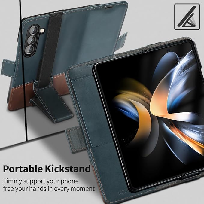KEZiHOME for Samsung Galaxy Z Fold 6 Case, Genuine Leather Wallet Case [RFID Blocking] with Card Slots Stand Flip Protective Phone Cover Compatible with Galaxy Z Fold 6 5G (Navy Blue/Brown)