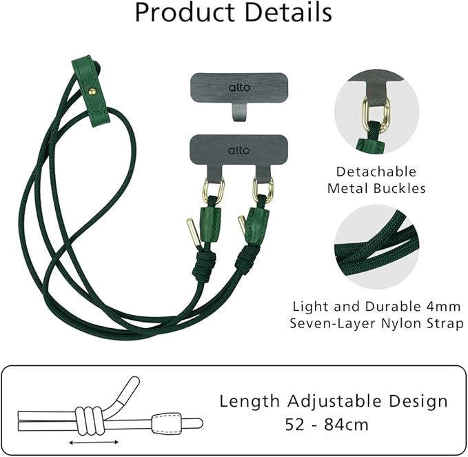 alto Crossbody Phone Lanyard: detachable patch, nylon strap with Italian leather pad, for iPhone and android full body phone cases (Forest Green)