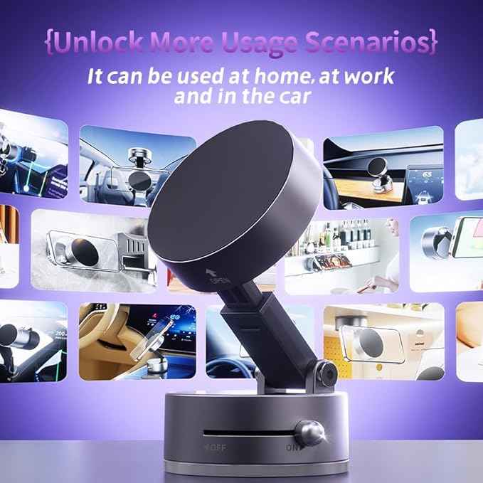 Magnetic Phone Holder for Car, [360° Rotatable] Phone Mount with Strong Suction Cup & Retractable Stand, Foldable Phone Holder for iPhone 16/15/14/13 and All Smartphone (Black)