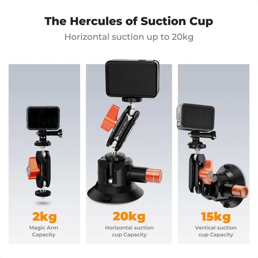 K&F Concept 3" Suction Cup Mount with 360° Double Ball Head Magic Arm, 1/4" Screw Threads, Quick Release Car Mount Compatible with DJI Insta360 for Action Camera Phone Video