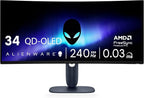 Alienware 34 240Hz QD-OLED Curved Gaming Monitor - AW3425DW - 34.2-inch WQHD (3440 x 1440) 240Hz 0.03ms Display, 1800R Curve, AMD FreeSync Premium Pro, VESA AdaptiveSync, VESA DisplayHDR TrueBlack 400
