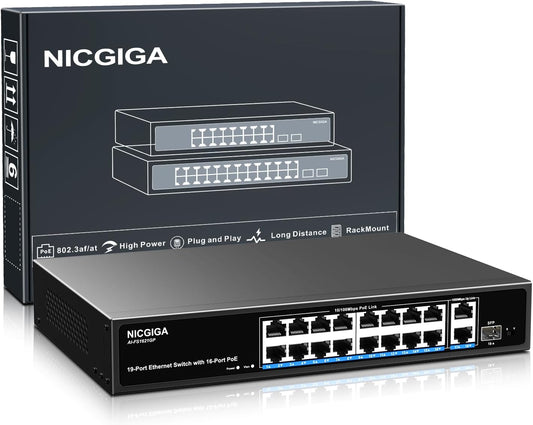 16 Port PoE Switch Unmanaged, 16 Port PoE+@250W, 2 Gigabit Uplink Ports, 1 SFP Port, NICGIGA 19 Port Network Power Over Ethernet Switch, VLAN Mode, AI Watchdog 19 inch RackMount, Plug and Play.