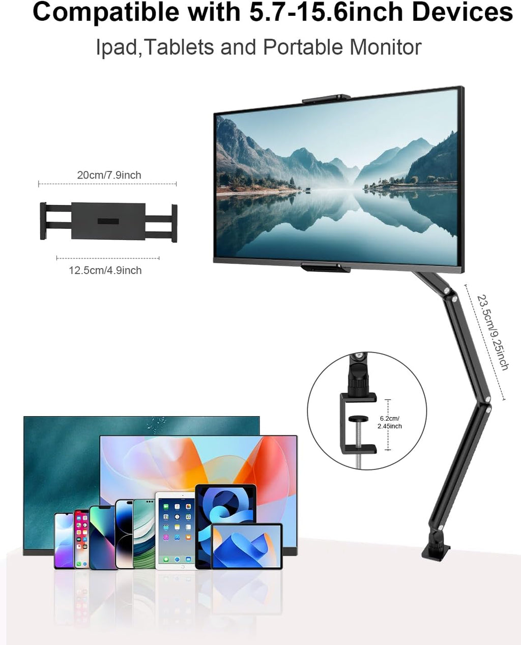 Adjustable Aluminum Tablet Stand, Foldable Arm for Desk/Bed, 360° Rotation, Compatible with iPad Pro 12.9/11, Air, Mini, Samsung Tabs, Nintendo Switch, 5.1''-15.9'' Devices - Sturdy & Portable