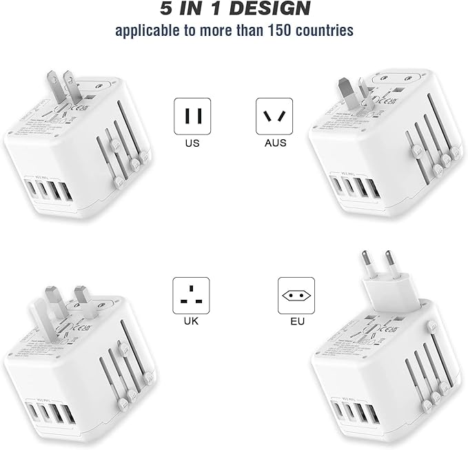 Universal International Power Travel Plug Adapter, 5 in 1 European Travel Plug Adapter W/ 3.5A 2xUSB-A and 2xUSB C Wall Charger and Worldwide AC Outlet for Europe USA UK AUS Asia