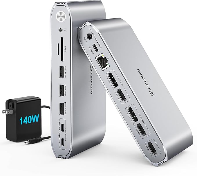 Minisopuru Upgrade DisplayLink Docking Station Triple Monitor with 140W Power Adapter,45W Charging,Docking Station for MacBook M4/M3/M2/M1/Windows/Thunderbolt 5/4 (3XHDMI,2X DisplayPort,5X USB,TF/SD)