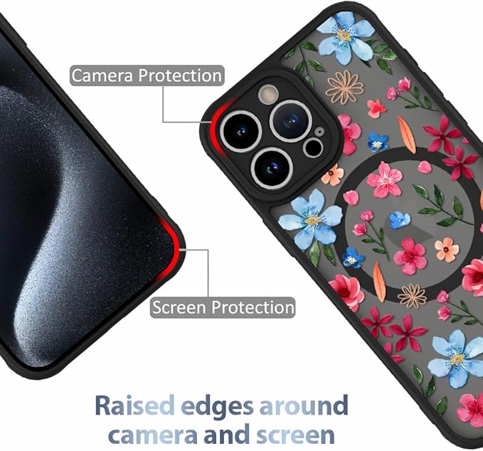 AIGOMARA Magnetic Case for iPhone 15 Pro Max [Compatible with MagSafe] Cute Pink Blue Flower Floral Pattern Soft TPU Bumper Hard PC Back Anti-Fall Shockproof Protective Slim Cover for Women Girls