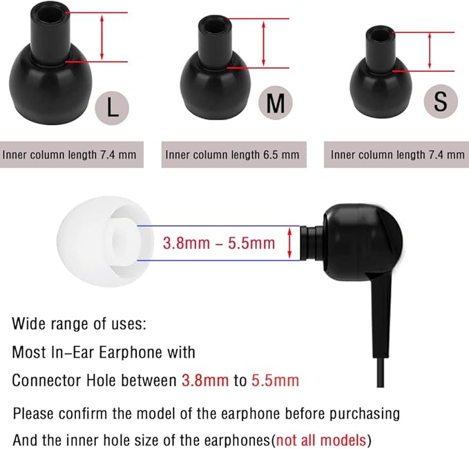 18 Pairs Silicone Ear Tips Replacement Earbud Tips for in- Ear Headphones Ear Covers (Inner Hole from 3.8mm-5.5mm Earphones) Earbud Replacement Tips Ear Bud Rubber Tips S M L