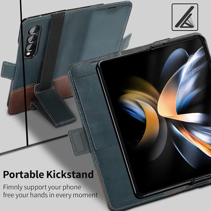 KEZiHOME for Samsung Galaxy Z Fold 4 Case, Genuine Leather Wallet Case [RFID Blocking] with Card Holder Flip Kickstand Magnetic Cover Compatible with Samsung Z Fold 4 5G (Navy Blue/Brown)