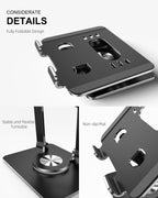 Tablet Stand Holder with Thickened 360°Rotating Base Dual Rod Adjustable Aluminum Stand for All 5.8-12.9” iPad Samsung Phone Tablet Kindle E-Reader and More, Black