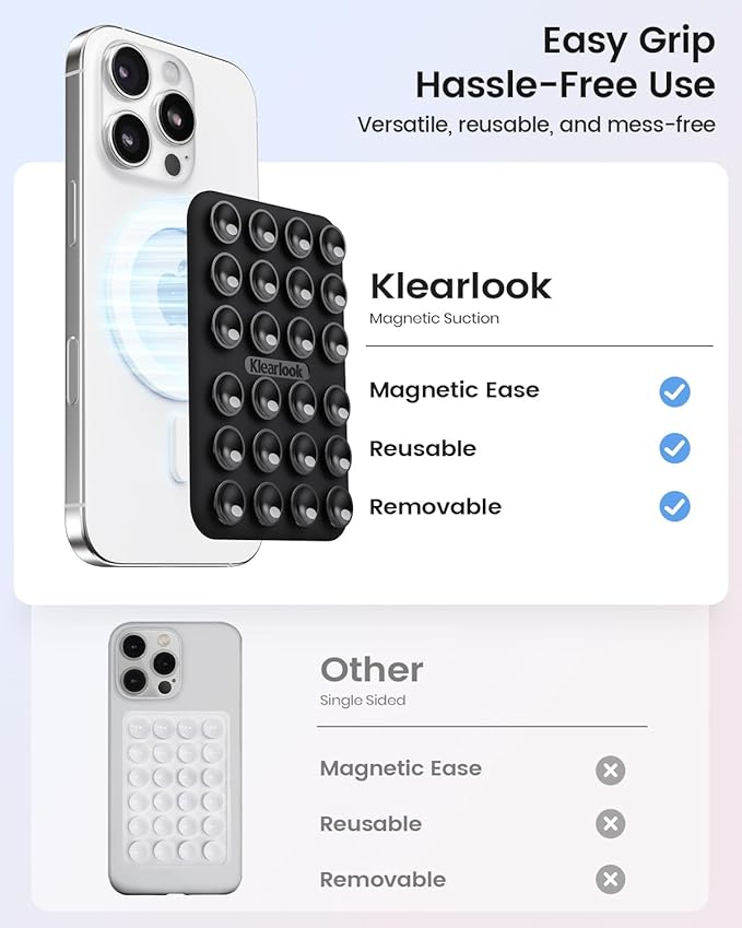 Klearlook Magnetic Suction Phone Mount for MagSafe Case, Removable Sticky Phone Grip Holder for Hands-Free Makeup/Selfie/Live Streaming/Vlog for TikTok & Instagram Influencer/Creator, Black
