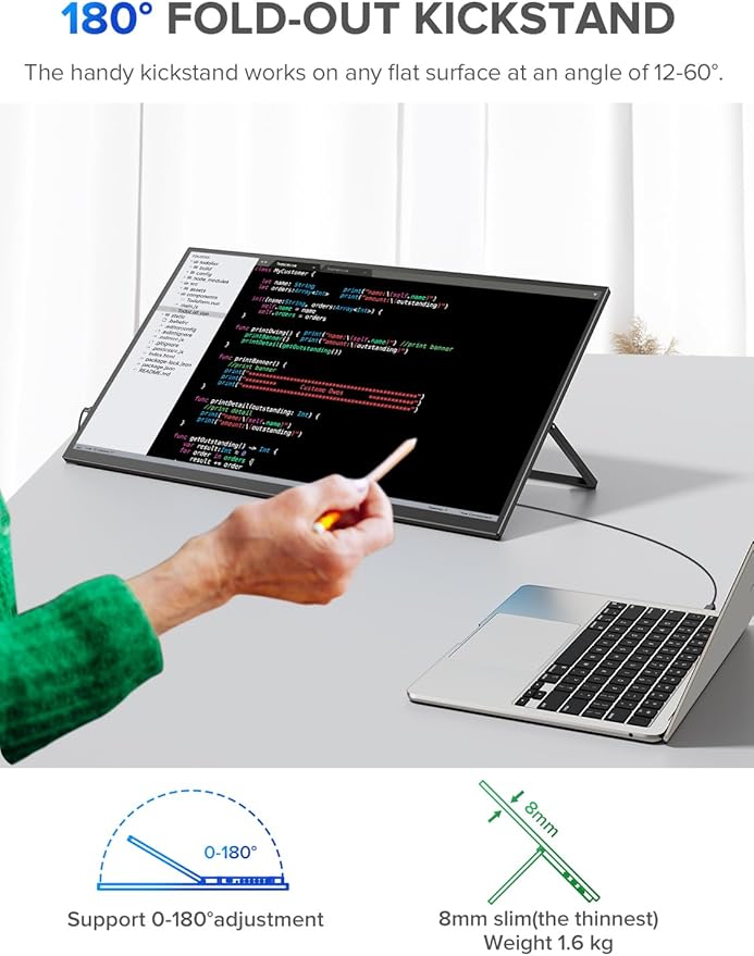 UPERFECT 22" QLED 2K Portable Monitor w/VESA & 180° Adjustable Stand, 2560×1440 QHD FreeSync IPS HDR Gaming Display, USB-C HDMI Travel Second Monitor for Laptop, Switch, Phone