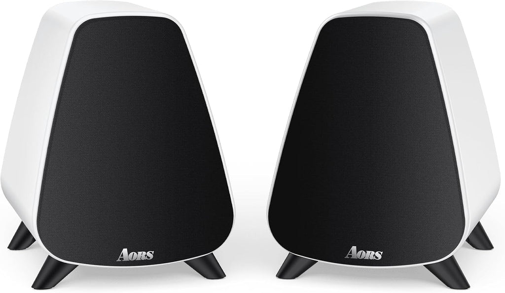 AS31 Active Bookshelf Speakers Bluetooth 5.3, 2-Way Stereo PC Desktop 80W RMS/3-inch Bass/Midrange/RCA and Fiber Optic Inputs, Wooden Compact High-Power Speakers - Matte Skin White