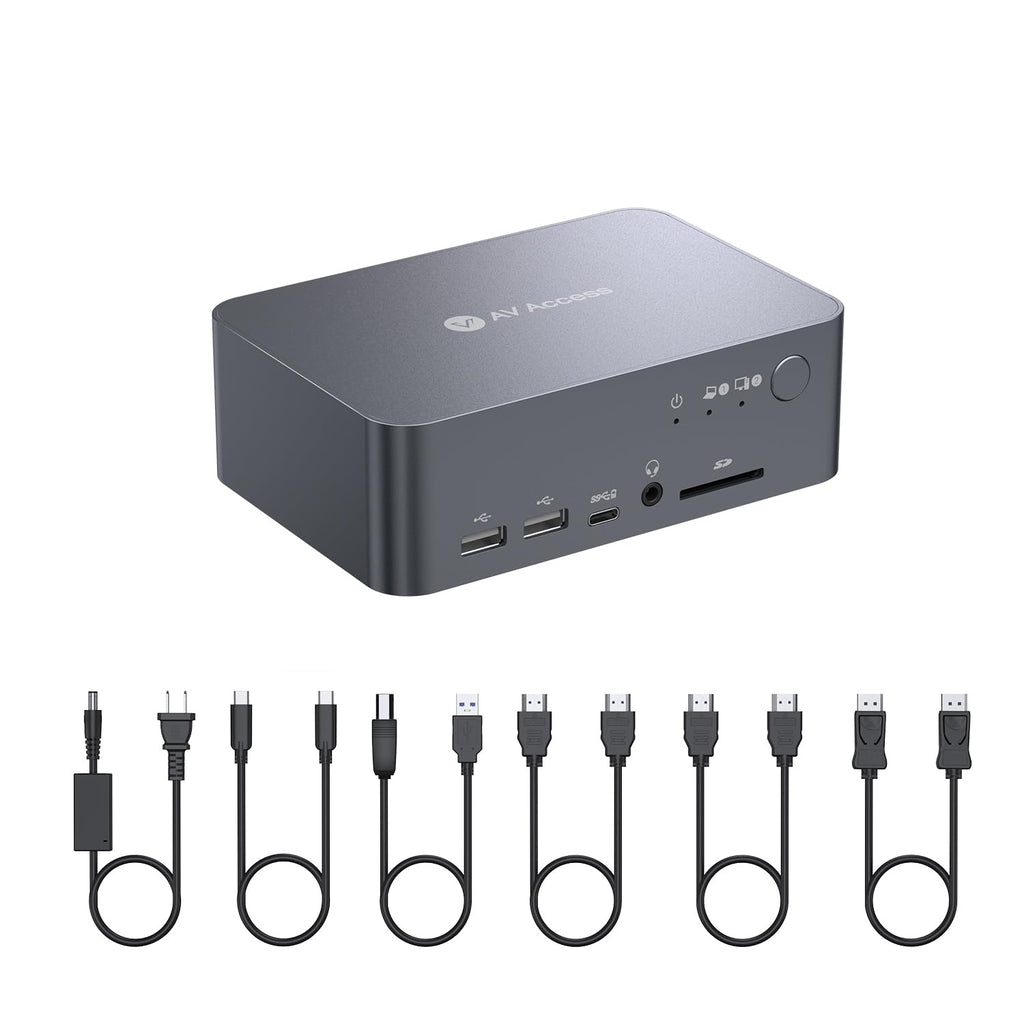 AV Access Docking Station Dual Monitor for Laptop & Desktop, USB-C Charge, Aluminum, KVM Switcher for 2 Computers with Ethernet, EDID, 4K@60Hz/2K@144Hz/1080P@240Hz, 3xUSB 3.0, Power Supply, Audio, SD