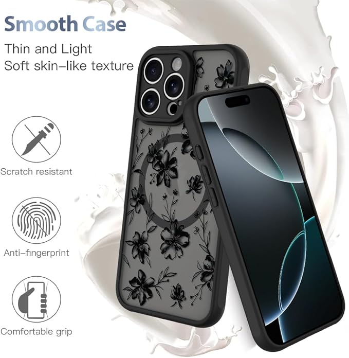 AIGOMARA Case for iPhone 16 Pro Max [Compatible with MagSafe] Ink Flower Floral Pattern Design for Women Girls Soft TPU Bumper Hard PC Back Anti-Fall Shockproof Protective Slim Magnetic Cover