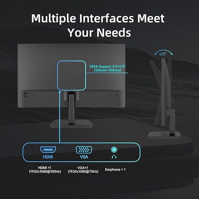 KTC 24 inch Monitor - 1080P Monitor, 100Hz FreeSync Gaming Moniter with HDR10,VESA Mountable, Adjustable Tilt, ZeroFrame Design, HDMI,VGA,Earphone Ports, PC Monitors for Office