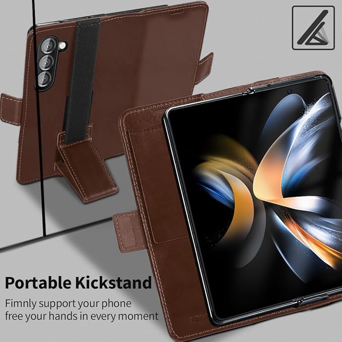 KEZiHOME for Samsung Galaxy Z Fold 6 Case, Genuine Leather Galaxy Z Fold6 Wallet Case [RFID Blocking] with Card Slots Stand Flip Protective Phone Cover Compatible with Samsung Z Fold 6 5G (Brown)