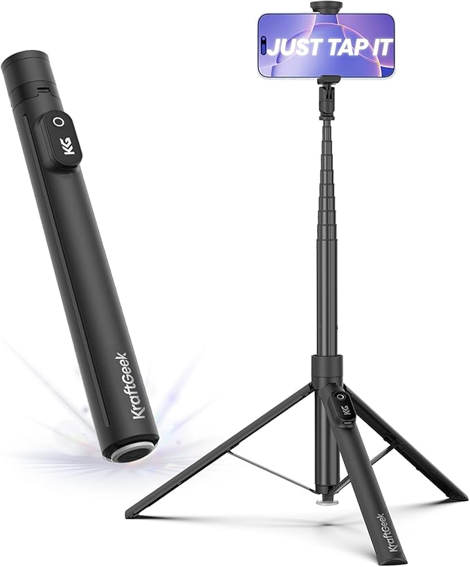 KraftGeek Automatic Tripod for iPhone, 66" Phone Tripod Selfie Stick for Cell Phone, Tripod Stand with Remote for Video Recording, Black