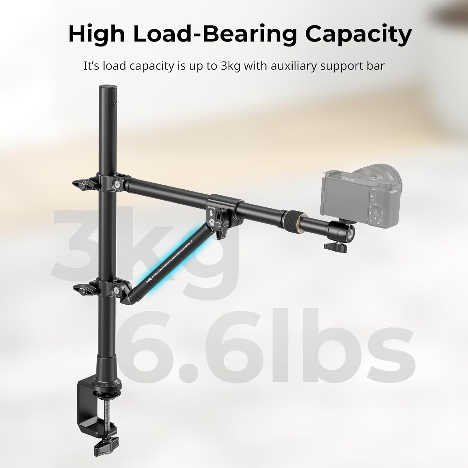 SMALLRIG Triangle Camera Desk Mount, Max. Load 3kg/ 6.6lbs, Overhead Mount with Auxiliary Support Rod, with Phone Holder and Small Ball Head for Camera/Phone/Light/Webcam