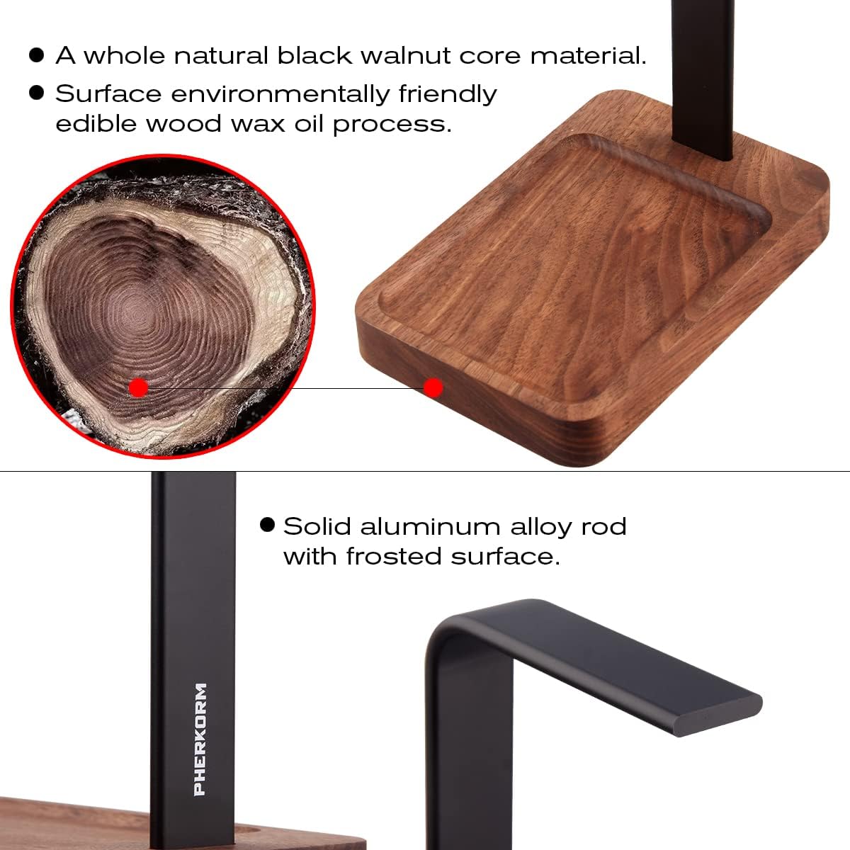 Walnut Wood & Aluminum Headset Holder, Desktop Headphone Stand, Universal headphone holder for most music gaming headsets - Black Walnut