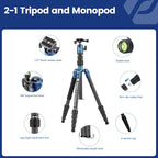 Fotopro 59" Carbon Fiber Travel Tripod, Compact Camera Tripod with Ball Head, Detachable Monopod with Quick Release Plate and Bag, Load up to 8KG/17.63lbs, Blue