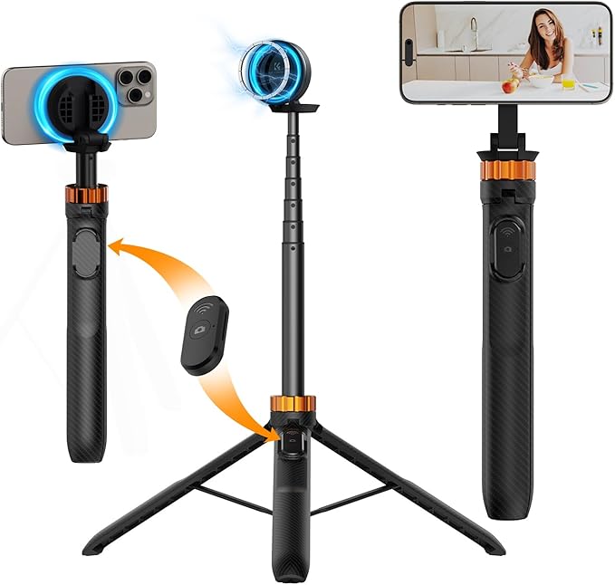 K&F Concept 63'' Magnetic Selfie Stick Tripod for iPhone, Lightweight Cellphone Stand with Wireless Remote, Compatible with iPhone 16 Pro Max/15/14/13/12 Series and All Phones