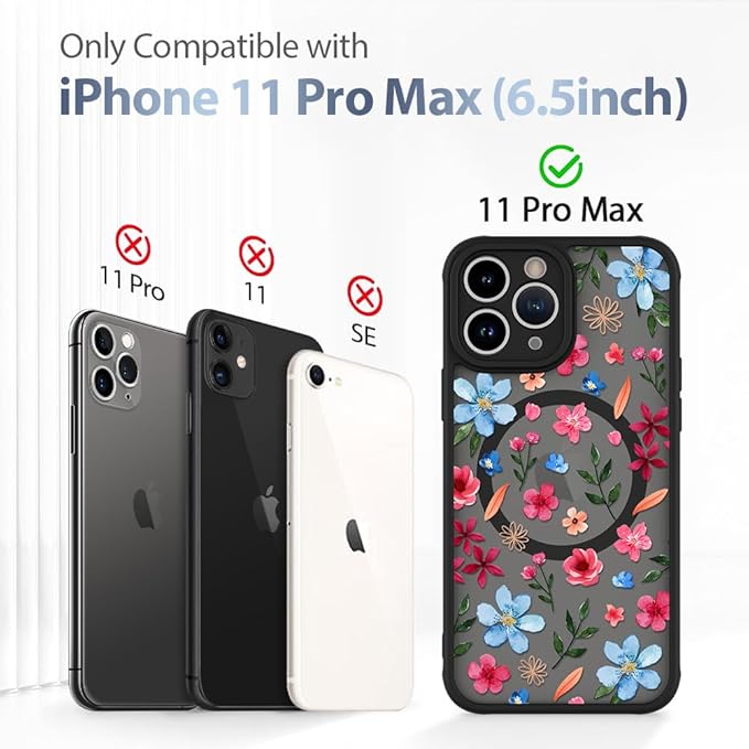 AIGOMARA Magnetic Case for iPhone 11 Pro Max [Compatible with MagSafe] Cute Pink Blue Flower Floral Pattern Soft TPU Bumper Hard PC Back Anti-Fall Shockproof Protective Slim Cover for Women Girls